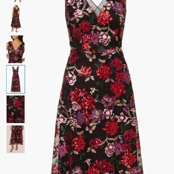 Adrianna Papell Black and Red Floral Midi sequin Dress - Picture 4 of 15